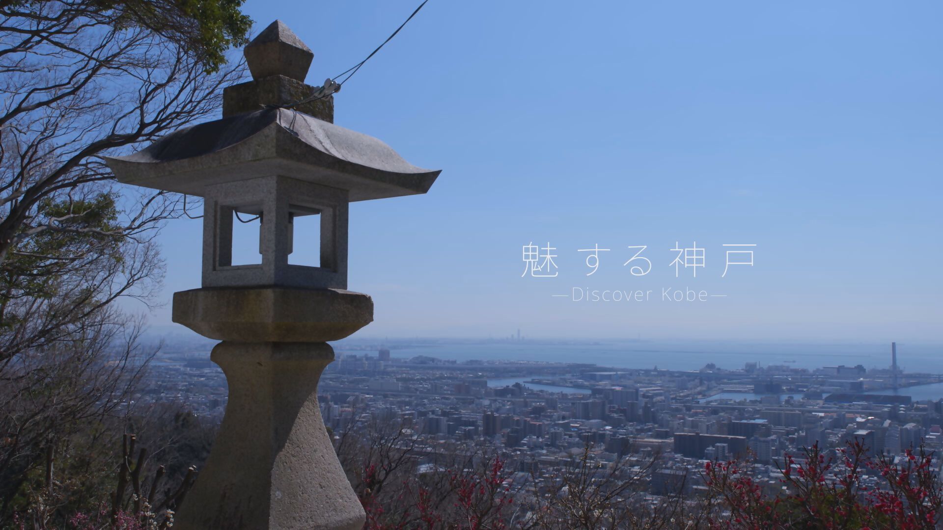 保久良神社から見た神戸のまちとタイトルロゴ